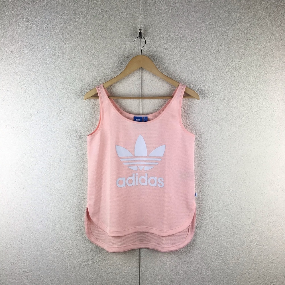 Adidas l S Trendy Peach Textured White Trefoil Logo High-Low Crop Workout Tank